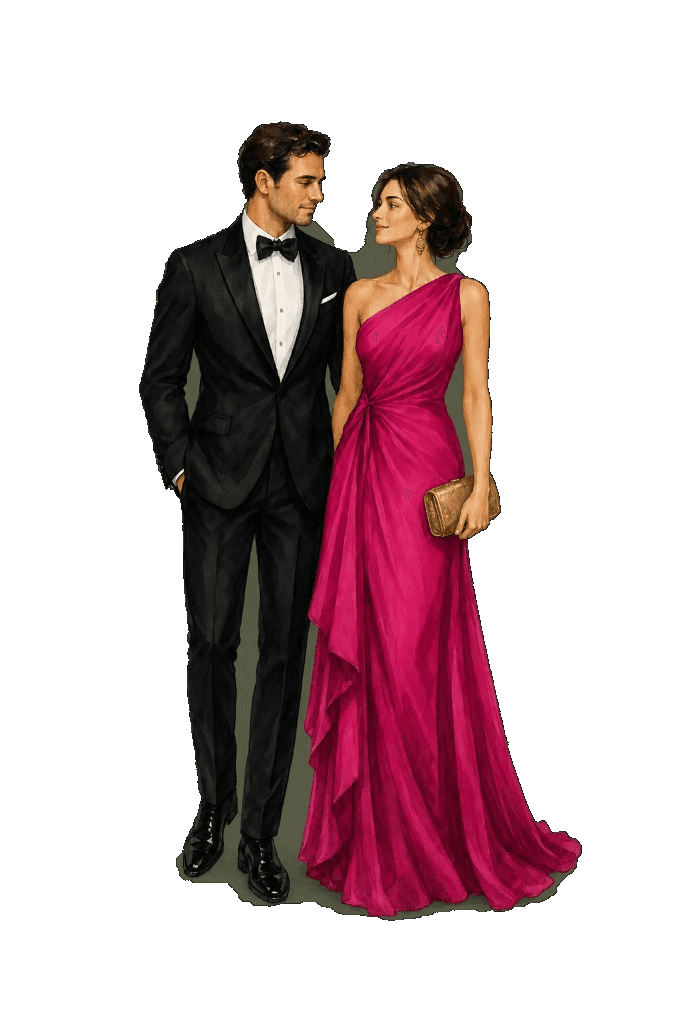 Man in black tie en vrouw in een kleurrijke formele jurk