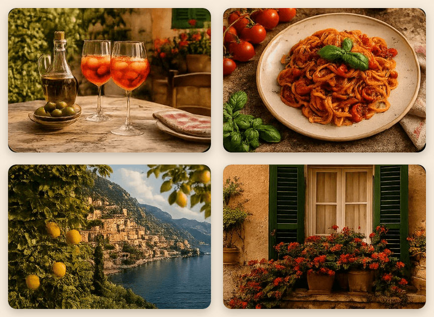 Italiaanse zomersfeer met aperitivo, pasta, citroenen en architectuur
