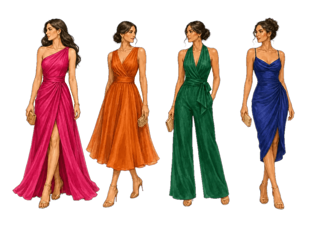 Vier kleurrijke formele outfits in fuchsia, oranje, groen en blauw